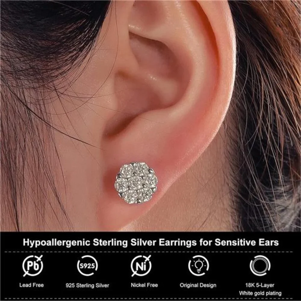 Moissanite Cluster Earrings for Men Women 1.4 Cttw 7 Stone Flower Cluster